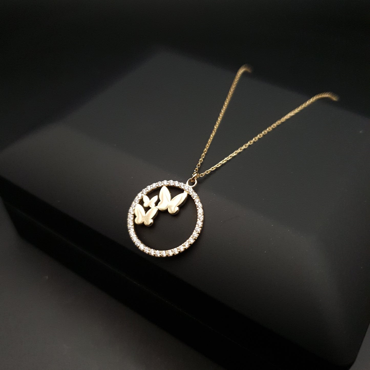 18K Real Gold Butterfly in circle pendants, necklace for women, best gift for her, birthday gift, high quality gold,