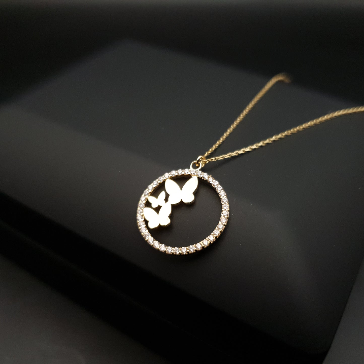 18K Real Gold Butterfly in circle pendants, necklace for women, best gift for her, birthday gift, high quality gold,