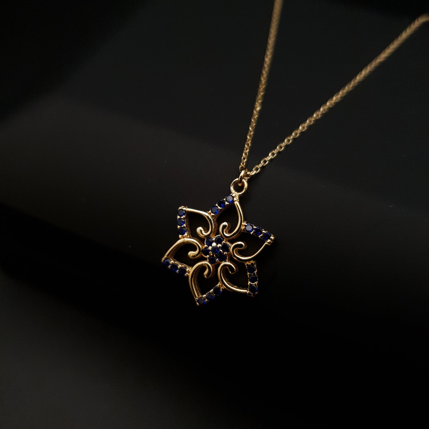 18K Real Gold Flora pendant necklace, dark blue Cubic zirconia stone , best gift for her, birthday gift, valentine gift,