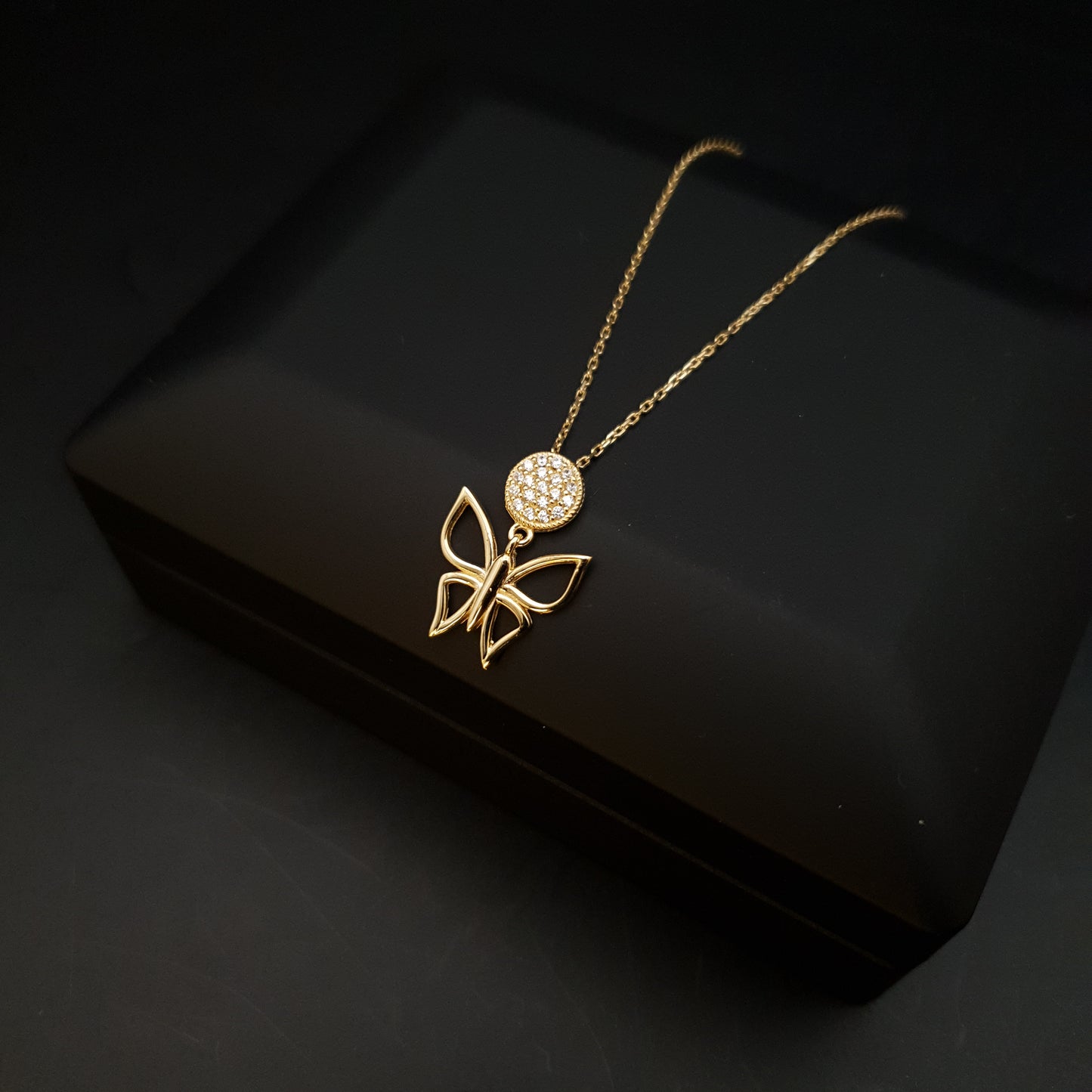 18K Real Gold Butterfly with Diamond Circle Necklace, Butterfly Pendant, Best Gift For Her, Birthday Gift, Charm Necklace,