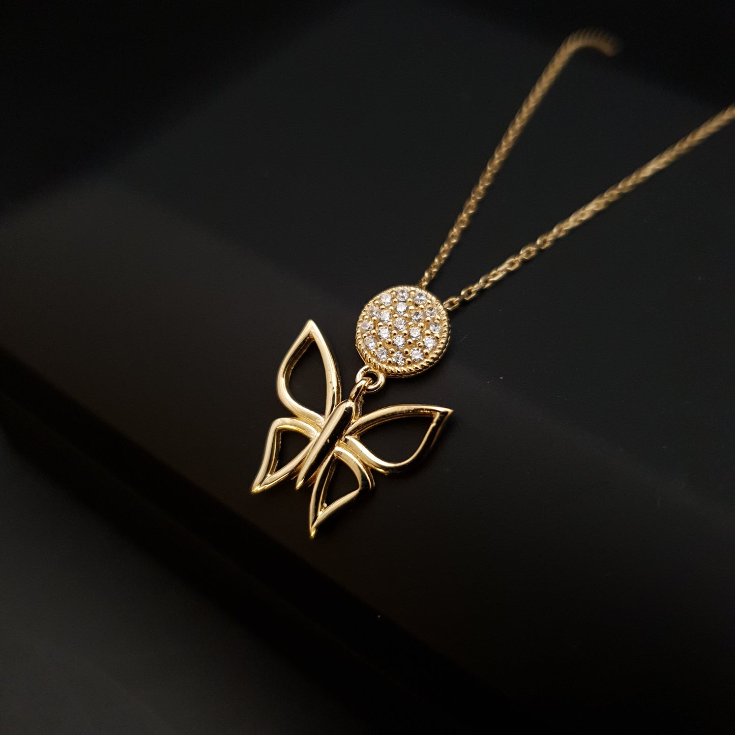18K Real Gold Butterfly with Diamond Circle Necklace, Butterfly Pendant, Best Gift For Her, Birthday Gift, Charm Necklace,