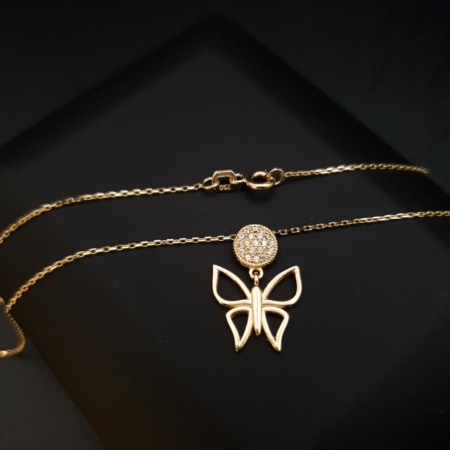 18K Real Gold Butterfly with Diamond Circle Necklace, Butterfly Pendant, Best Gift For Her, Birthday Gift, Charm Necklace,