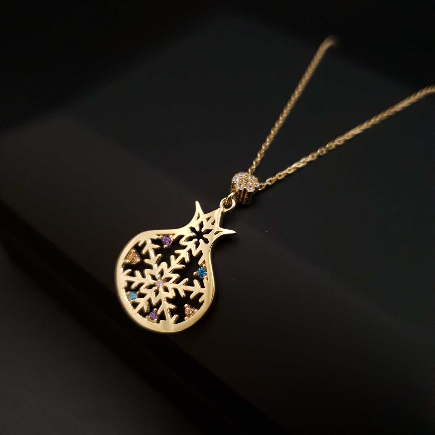 18K Real Gold Pomegranate Shaped Snowflake Necklace, Pomegranate Pendant, Snowflake Pendants, Best Gift for Her, Birthday Gift,