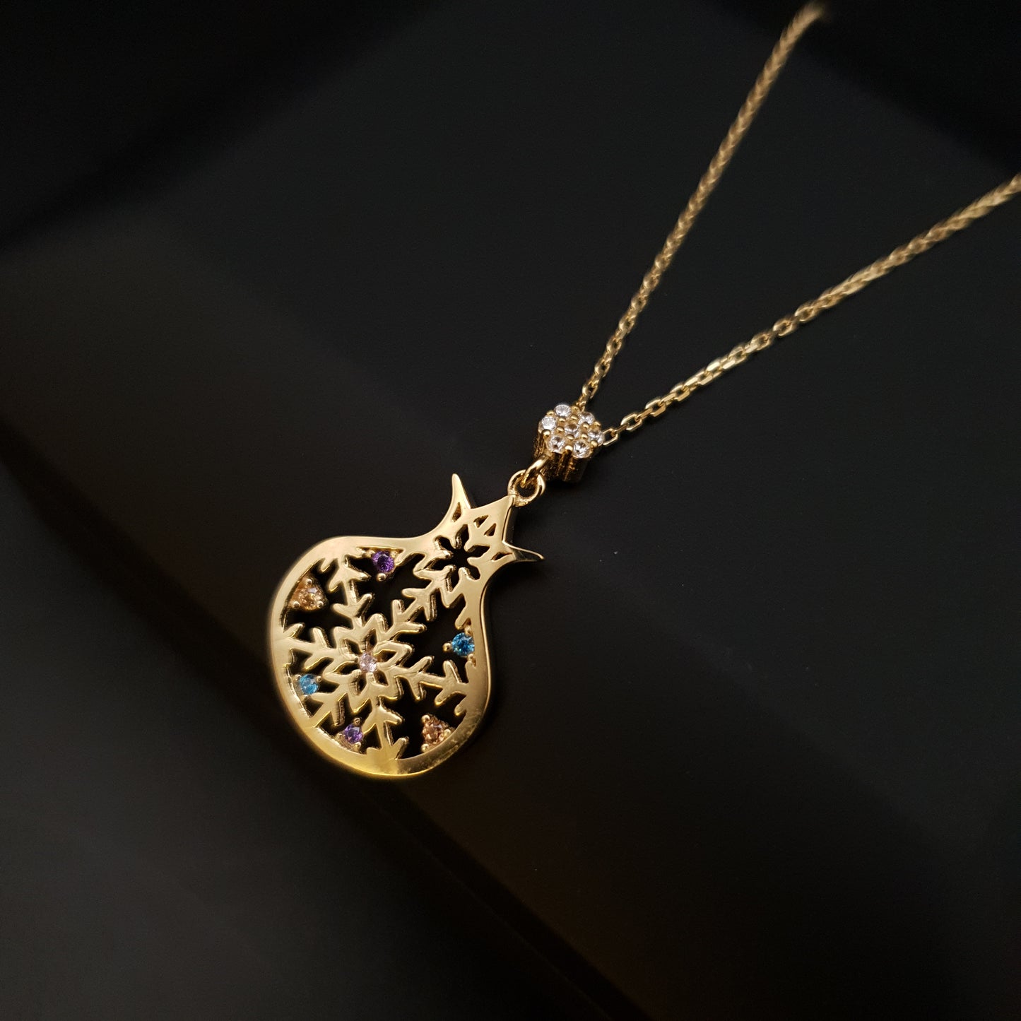 18K Real Gold Pomegranate Shaped Snowflake Necklace, Pomegranate Pendant, Snowflake Pendants, Best Gift for Her, Birthday Gift,