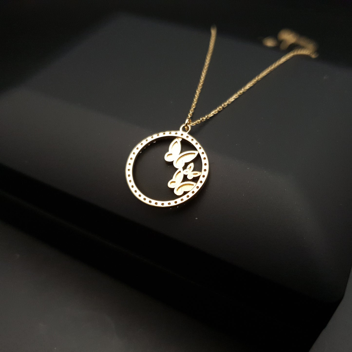18K Real Gold Butterfly in circle pendants, necklace for women, best gift for her, birthday gift, high quality gold,