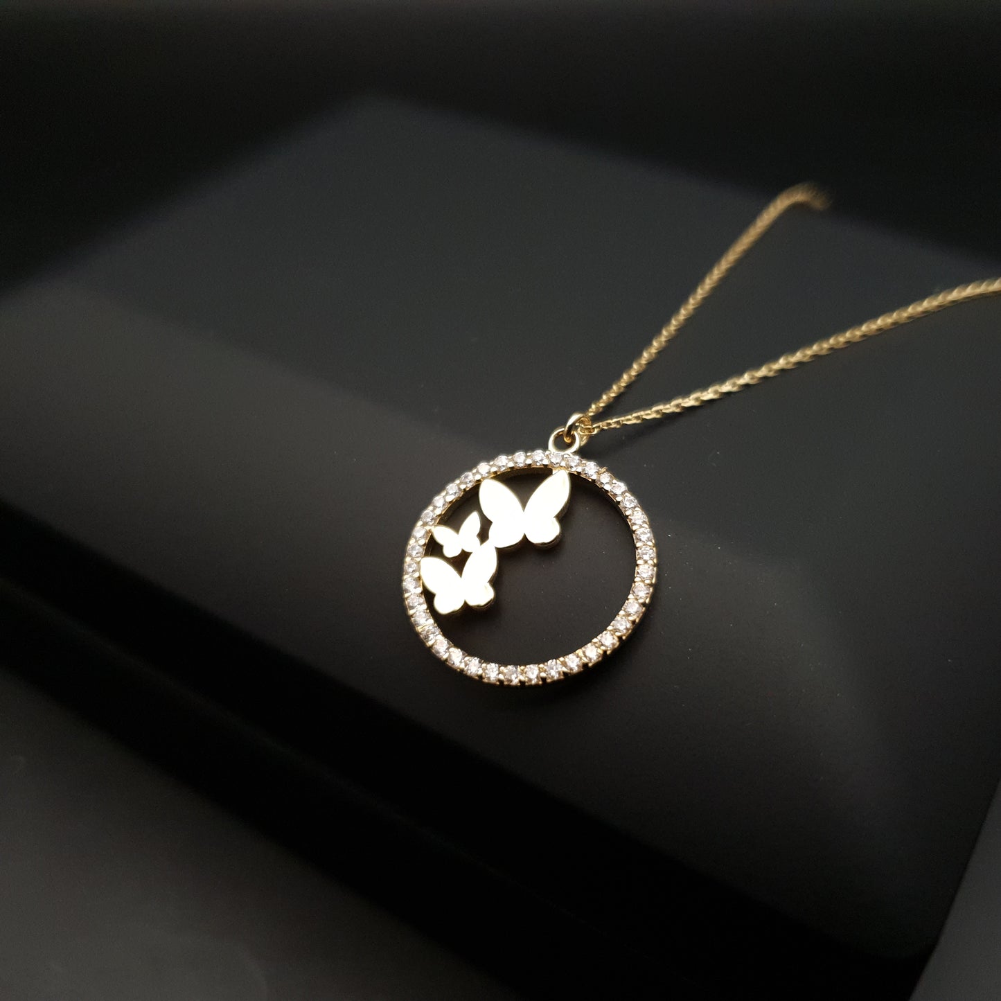 18K Real Gold Butterfly in circle pendants, necklace for women, best gift for her, birthday gift, high quality gold,