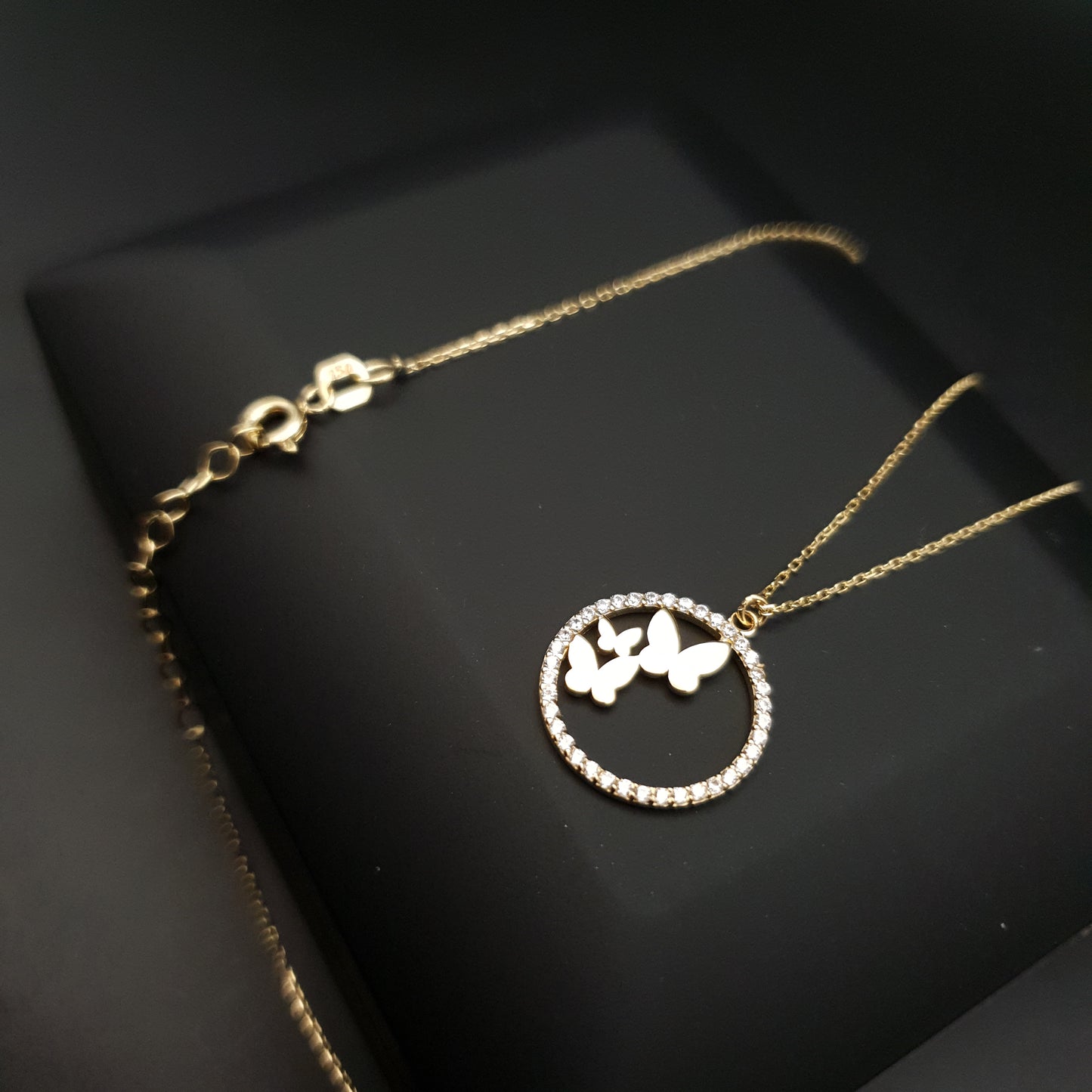 18K Real Gold Butterfly in circle pendants, necklace for women, best gift for her, birthday gift, high quality gold,