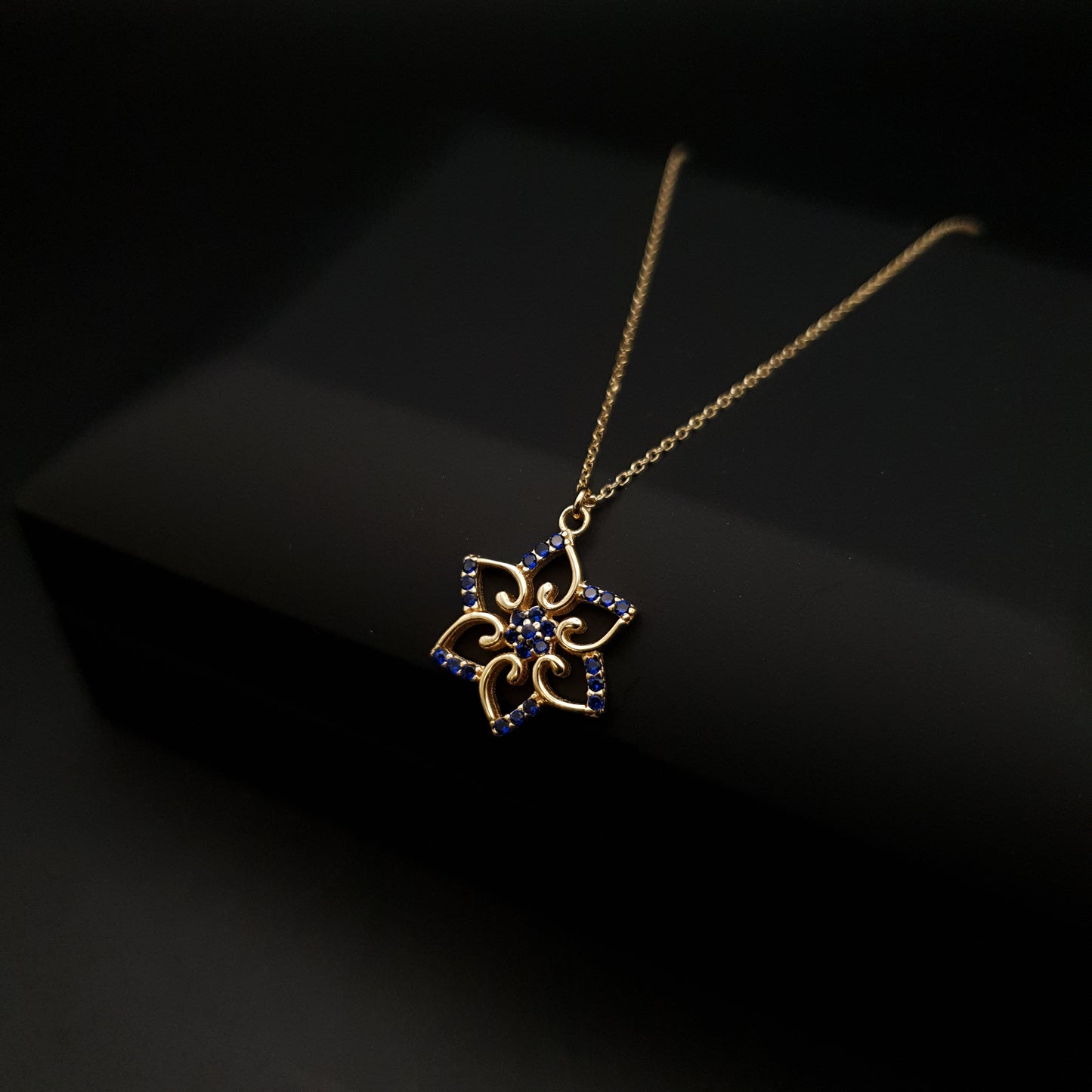 18K Real Gold Flora pendant necklace, dark blue Cubic zirconia stone , best gift for her, birthday gift, valentine gift,