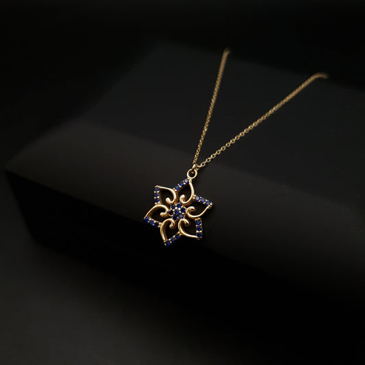 18K Real Gold Flora pendant necklace, dark blue Cubic zirconia stone , best gift for her, birthday gift, valentine gift,