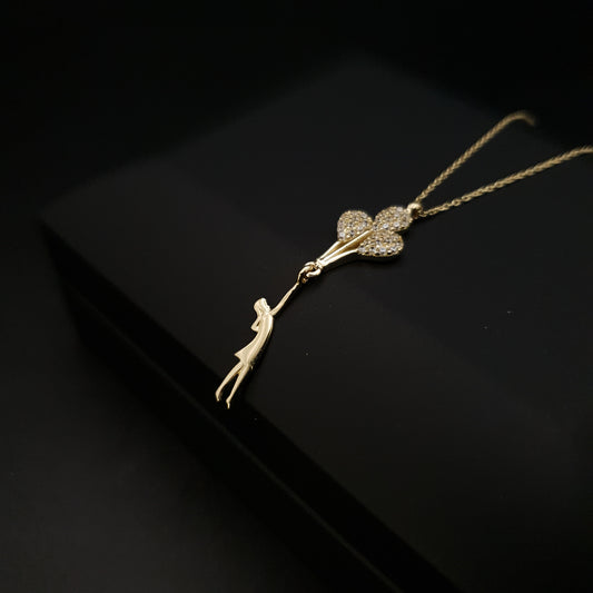 14K Real Gold Balloon Girl Pearl's Necklace, Balloon Girl Pendant, Girls With Balloons, Best Gift for Her, Birthday Gift, Anniversary Gift