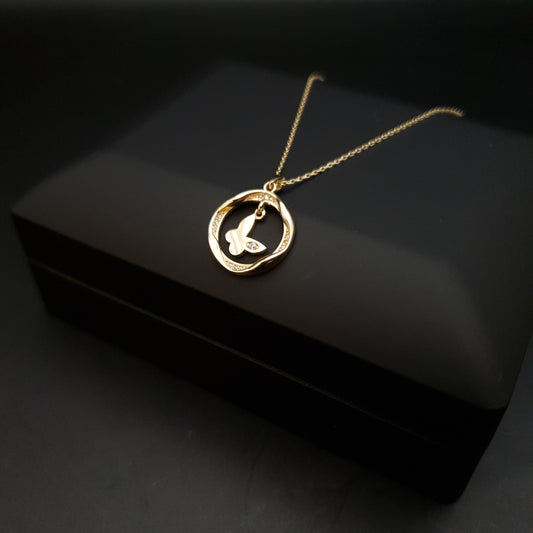 14K Real Gold Butterfly Circle Necklace, Butterfly in Circle, Butterfly Pendant, Best gift for her, birthday gift, charm necklace,