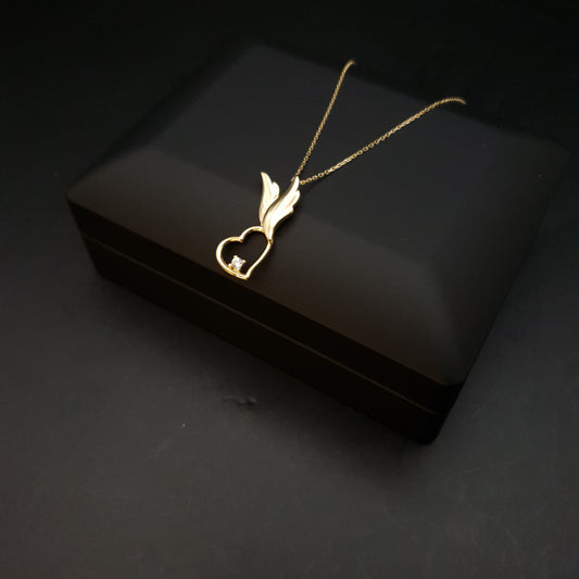 18K Real Gold Winged Heart Necklace with diamond, Winged Heart Pendant, Charm Necklace, Best Gift for Her, Gold Heart with Wings,