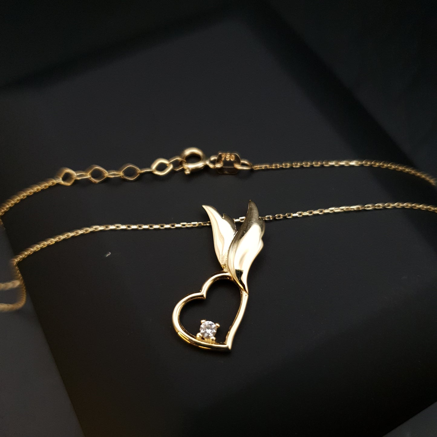 18K Real Gold Winged Heart Necklace with diamond, Winged Heart Pendant, Charm Necklace, Best Gift for Her, Gold Heart with Wings,