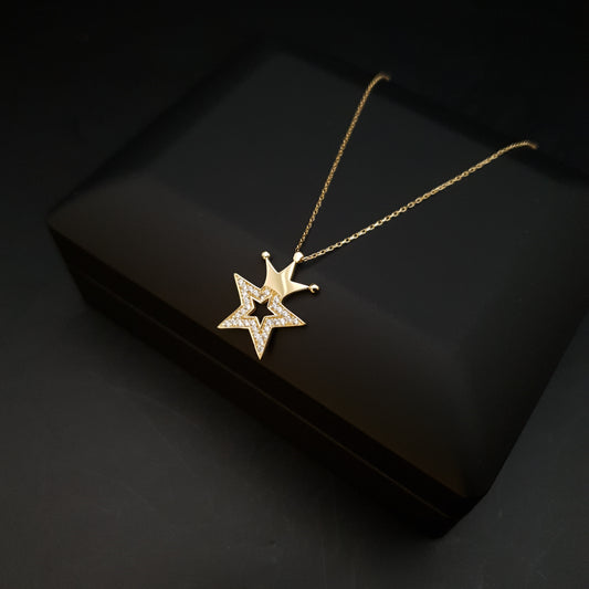 18K Real Gold King Star Necklace, King Star Pendants, Gold Star With Diamonds,  Best Gift For Her, Birthday Gift, Charm Necklace,