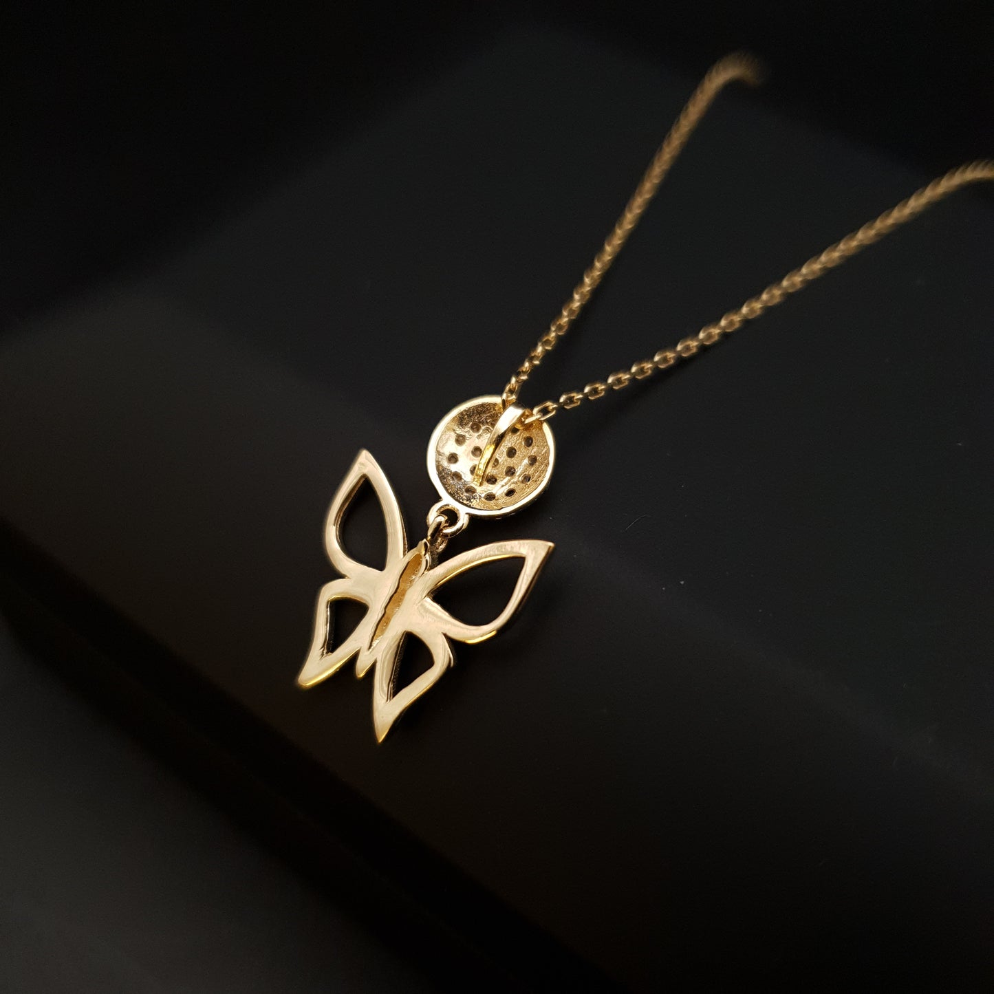 18K Real Gold Butterfly with Diamond Circle Necklace, Butterfly Pendant, Best Gift For Her, Birthday Gift, Charm Necklace,