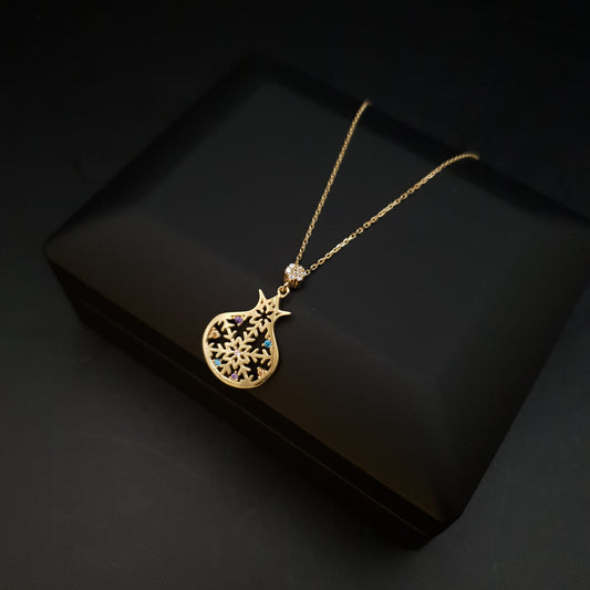 18K Real Gold Pomegranate Shaped Snowflake Necklace, Pomegranate Pendant, Snowflake Pendants, Best Gift for Her, Birthday Gift,