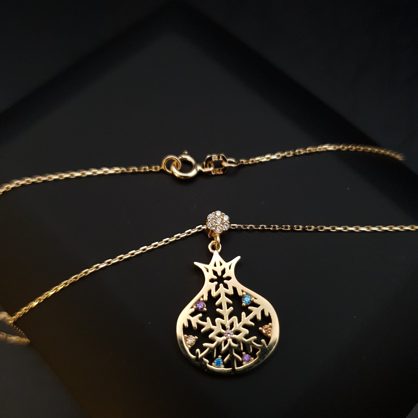 18K Real Gold Pomegranate Shaped Snowflake Necklace, Pomegranate Pendant, Snowflake Pendants, Best Gift for Her, Birthday Gift,