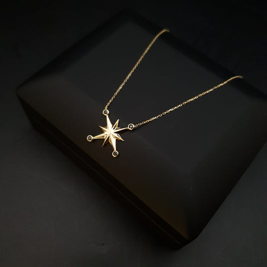 18K Real Gold North Star Necklace, North Star Pendant, Best Gift For Her, Charm Necklace, Birthday Gift, Gold North Star,