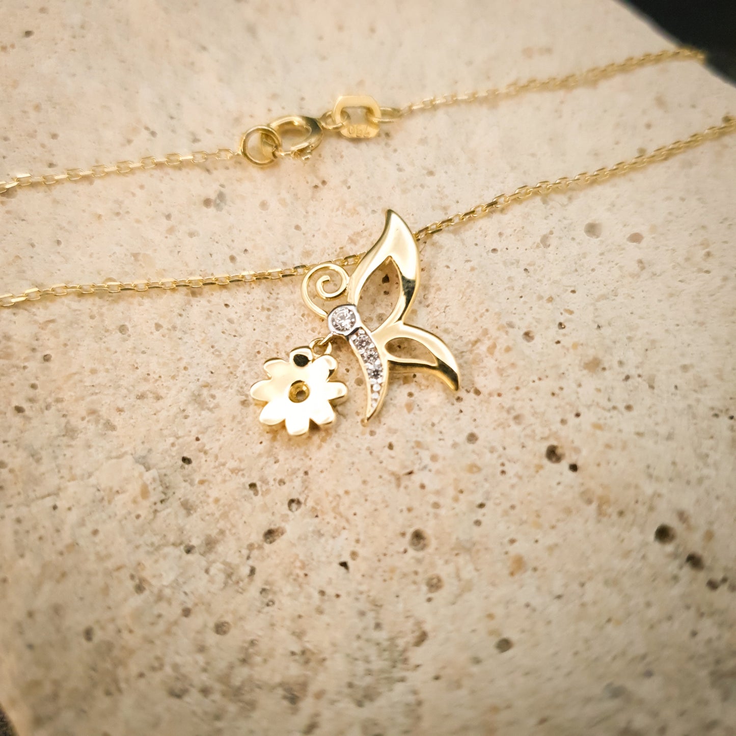 18K Real Gold Butterfly & Flower Necklace, Butterfly Necklace, Flower Necklace, Best Gift For Her, Birthday Gift, High Quality Gold,